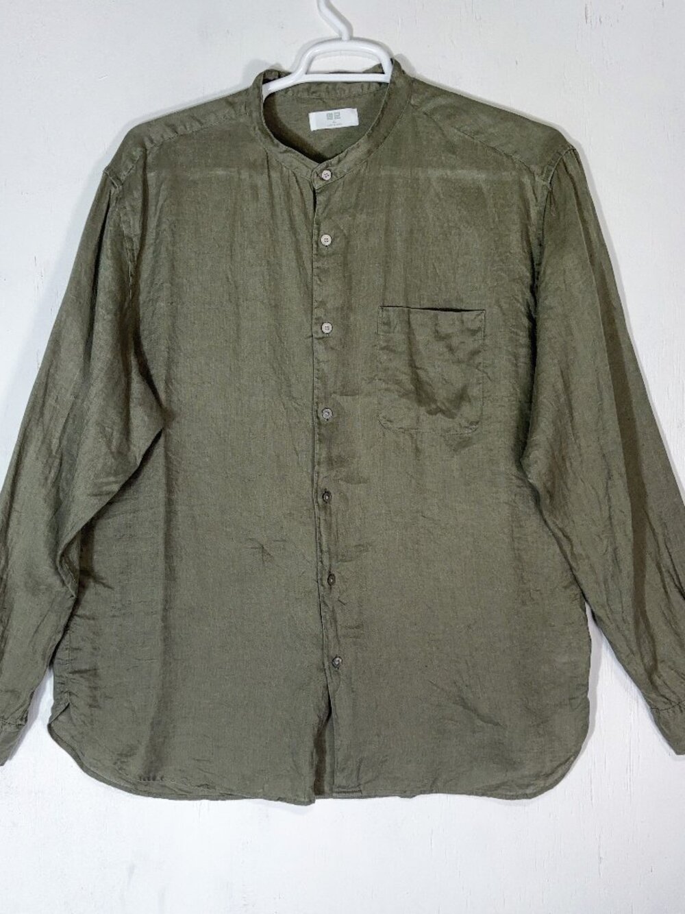 Uniqlo Mens XL 100% Linen Mandarin Collar Olive Green Button Up Shirt